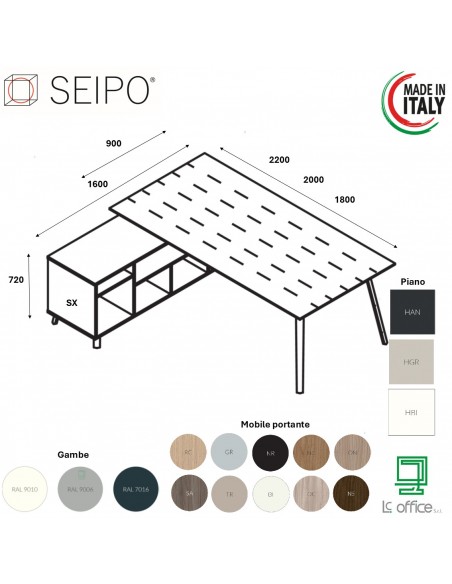 VERTEX scrivania ELEGANTE piano in HPL con mobile portante Seipo P. 1000 - VX.0226 27 28 VX.0036 SX