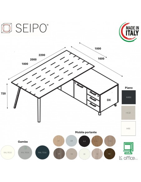 VERTEX scrivania ELEGANTE piano in HPL con mobile portante Seipo P. 1000 - VX.0206 07 08 VX.0041 DX