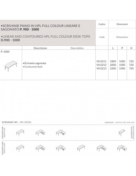 VERTEX scrivania ELEGANTE piano in HPL sagomata Seipo P. 1000 - VX.0211 12 13 scheda