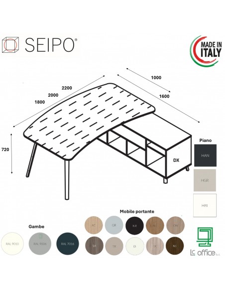 VERTEX scrivania ELEGANTE piano sagomato in HPL con mobile portante Seipo P. 1000 - VX.0216 17 18 VX.0036 DX