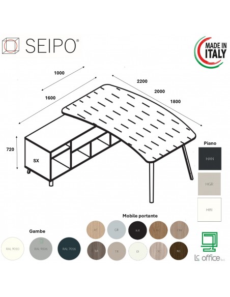 VERTEX scrivania ELEGANTE piano sagomato in HPL con mobile portante Seipo P. 1000 - VX.0216 17 18 VX.0036 SX