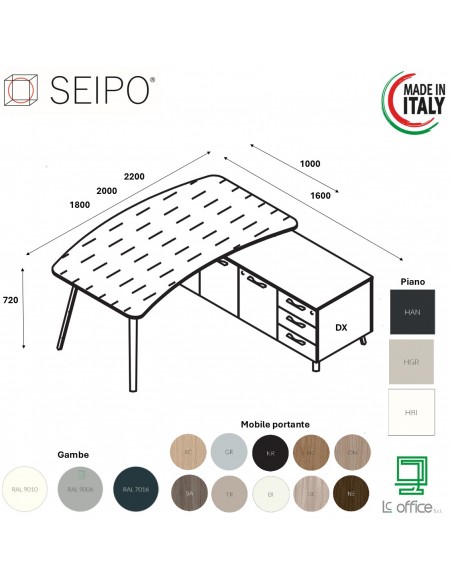 VERTEX scrivania ELEGANTE piano sagomato in HPL con mobile portante Seipo P. 1000 - VX.0216 17 18 VX.0041 DX