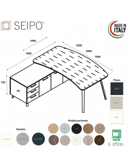 VERTEX scrivania ELEGANTE piano sagomato in HPL con mobile portante Seipo P. 1000 - VX.0216 17 18 VX.0041 SX