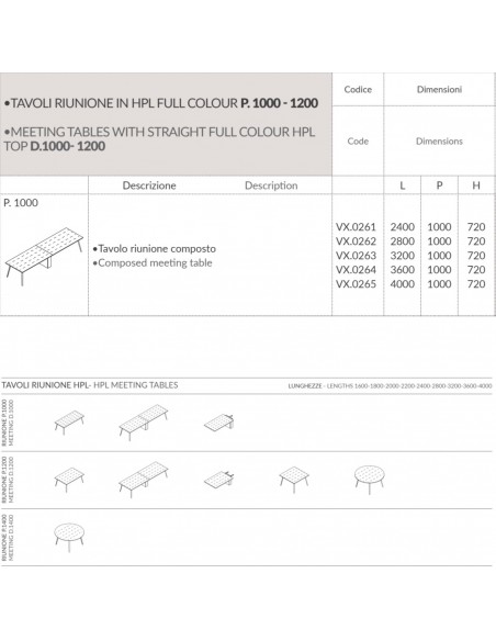VERTEX Tavolo riunione 2 PEZZI piano in HPL LINEARE Seipo P. 1000 - VX.0261 62 63 64 65 SCHEDA