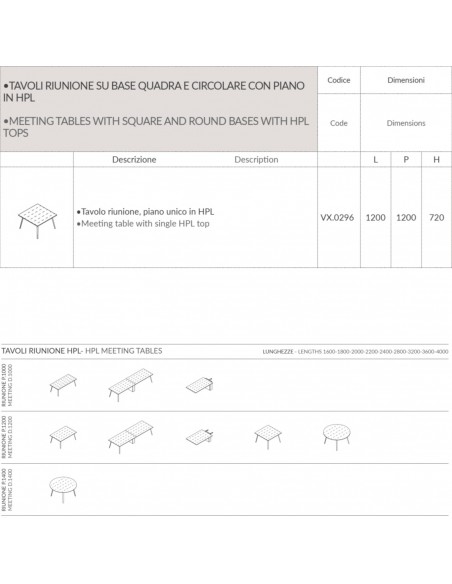 VERTEX tavolo riunione ELEGANTE piano quadrato in HPL LINEARE Seipo P. 1200 - VX.0296 scheda