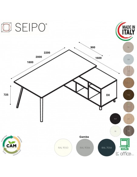VERTEX scrivania piano in melaminico LINEARE con mobile portante Seipo - VX.0026 27 28 VX.0036 DX SX