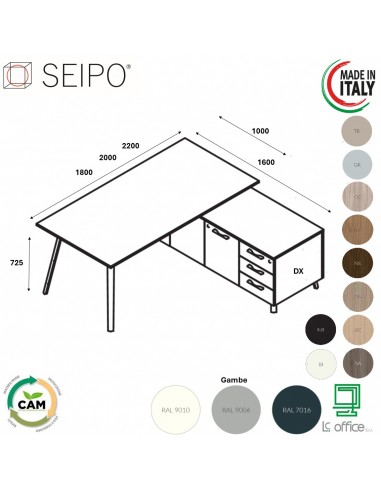 VERTEX scrivania piano in melaminico LINEARE con mobile portante Seipo - VX.0006 07 08 VX.0041 DX