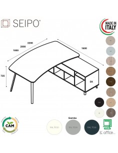 VERTEX scrivania piano sagomata in melaminico con mobile portante Seipo - VX.0016 17 18 VX.0036 DX