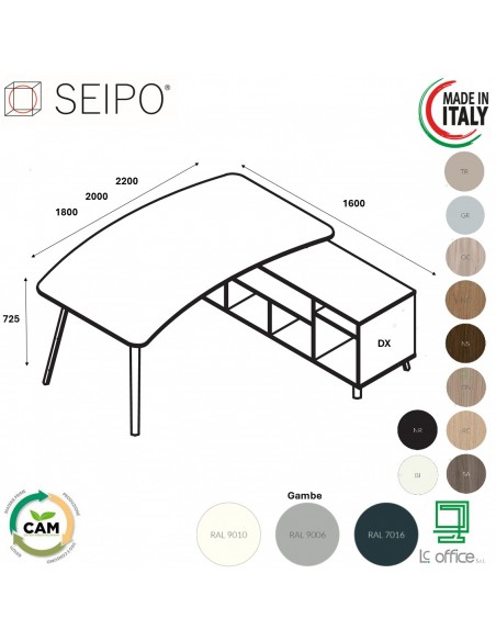 VERTEX scrivania piano sagomata in melaminico con mobile portante Seipo - VX.0016 17 18 VX.0036 DX