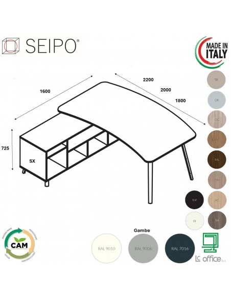 VERTEX scrivania piano sagomata in melaminico con mobile portante Seipo - VX.0016 17 18 VX.0036 SX