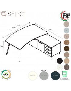 VERTEX scrivania piano sagomata in melaminico con mobile portante Seipo - VX.0016 17 18 VX.0041 DX