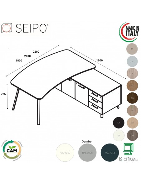 VERTEX scrivania piano sagomata in melaminico con mobile portante Seipo - VX.0016 17 18 VX.0041 DX