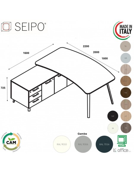 VERTEX scrivania piano sagomata in melaminico con mobile portante Seipo - VX.0016 17 18 VX.0041 SX