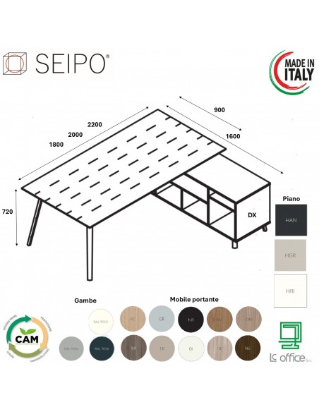 VERTEX scrivania ELEGANTE piano in HPL con mobile portante Seipo P. 900 - VX.0226 27 28 VX.0036 DX