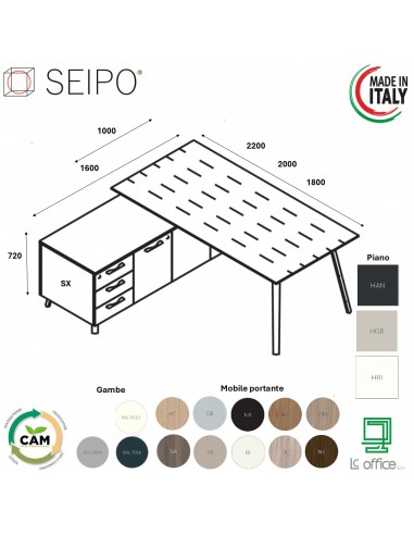 VERTEX scrivania ELEGANTE piano in HPL con mobile portante Seipo P. 1000 - VX.0206 07 08 VX.0041 SX
