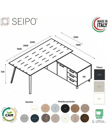 VERTEX scrivania ELEGANTE piano in HPL con mobile portante Seipo P. 1000 - VX.0206 07 08 VX.0041 DX