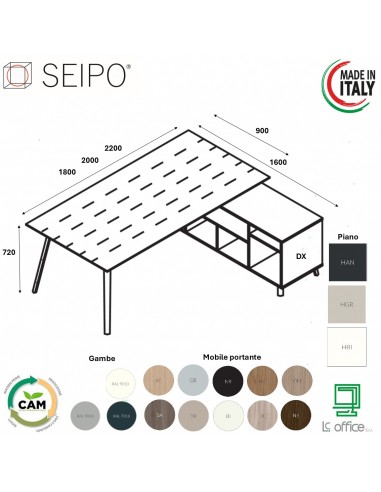 VERTEX scrivania ELEGANTE piano in HPL con mobile portante Seipo P. 900 - VX.0226 27 28 VX.0041 DX