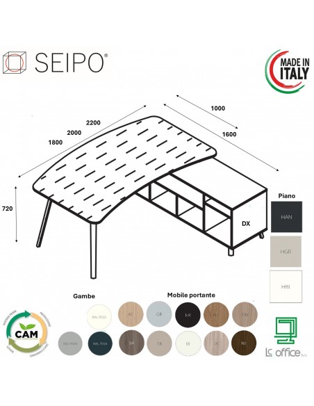 VERTEX scrivania ELEGANTE piano sagomato in HPL con mobile portante Seipo P. 1000 - VX.0216 17 18 VX.0036 DX