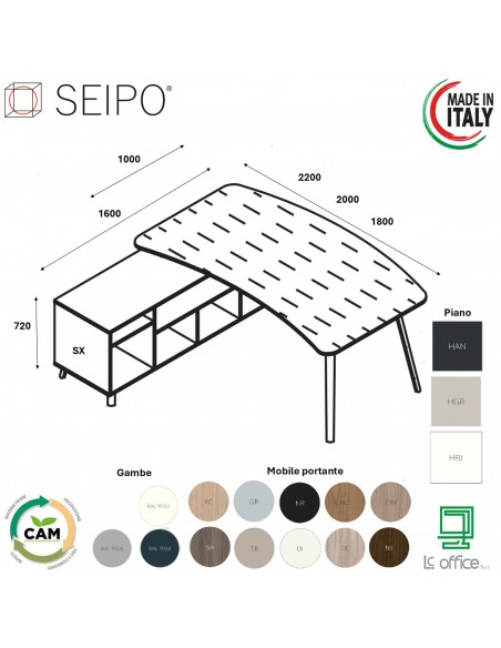 VERTEX scrivania ELEGANTE piano sagomato in HPL con mobile portante Seipo P. 1000 - VX.0216 17 18 VX.0036 SX