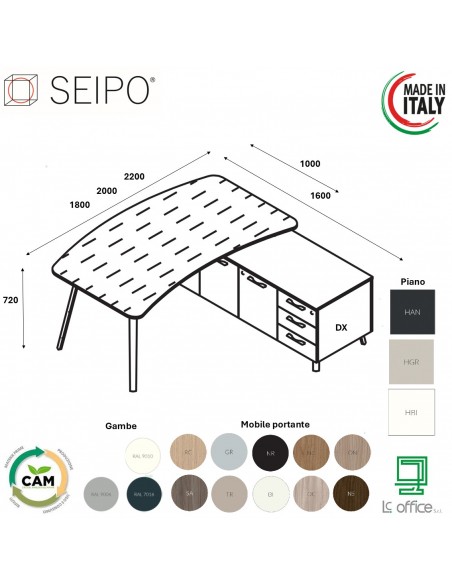 VERTEX scrivania ELEGANTE piano sagomato in HPL con mobile portante Seipo P. 1000 - VX.0216 17 18 VX.0041 DX