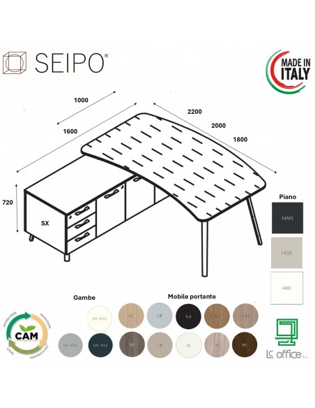 VERTEX scrivania ELEGANTE piano sagomato in HPL con mobile portante Seipo P. 1000 - VX.0216 17 18 VX.0041 SX