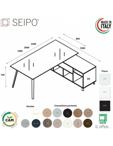 VERTEX scrivania DIREZIONALE in VETRO Seipo P. 900 con mobile portante - VX.0316 17 VX.0036