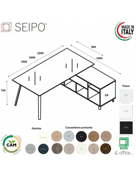 VERTEX scrivania DIREZIONALE in VETRO Seipo P. 900 con mobile portante - VX.0316 17 VX.0036