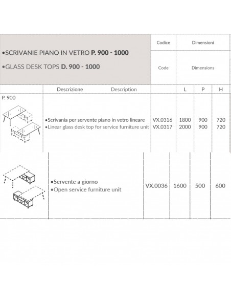VERTEX scrivania DIREZIONALE in VETRO Seipo P. 900 con mobile portante - VX.0316 17 VX.0036 scheda