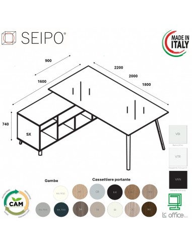 VERTEX scrivania DIREZIONALE in VETRO Seipo P. 900 con mobile portante - VX.0316 17 VX.0036 SX