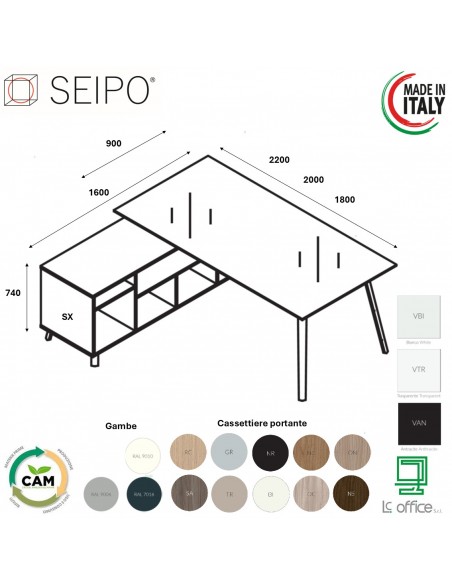 VERTEX scrivania DIREZIONALE in VETRO Seipo P. 900 con mobile portante - VX.0316 17 VX.0036 SX