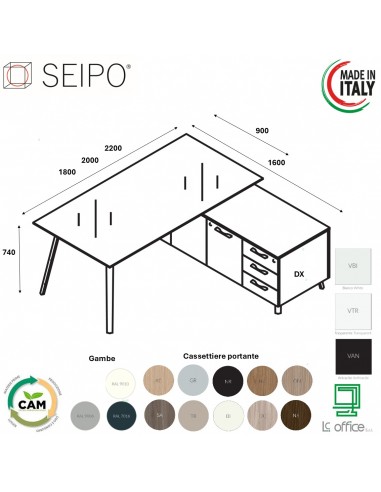 VERTEX scrivania DIREZIONALE in VETRO Seipo P. 900 con mobile portante - VX.0316 17 VX.0041 DX