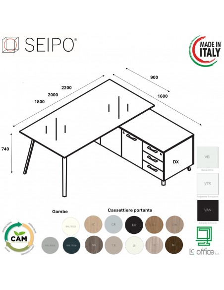 VERTEX scrivania DIREZIONALE in VETRO Seipo P. 900 con mobile portante - VX.0316 17 VX.0041 DX