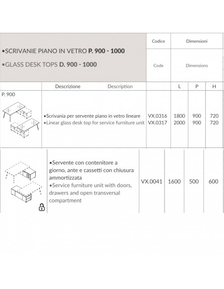 VERTEX scrivania DIREZIONALE in VETRO Seipo P. 900 con mobile portante - VX.0316 17 VX.0041 DX SCHEDA