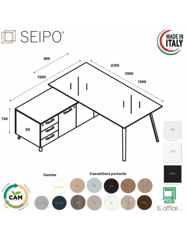 VERTEX scrivania DIREZIONALE in VETRO Seipo P. 900 con mobile portante - VX.0316 17 VX.0041 SX