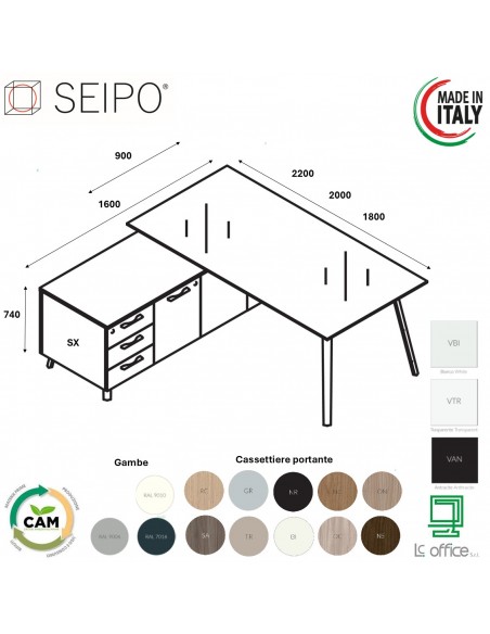 VERTEX scrivania DIREZIONALE in VETRO Seipo P. 900 con mobile portante - VX.0316 17 VX.0041 SX