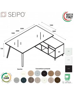 VERTEX scrivania DIREZIONALE in VETRO Seipo P. 1000 con mobile portante - VX.0306 17 VX.0036 DX
