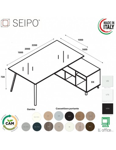 VERTEX scrivania DIREZIONALE in VETRO Seipo P. 1000 con mobile portante - VX.0306 17 VX.0036 DX