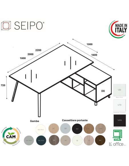 VERTEX scrivania DIREZIONALE in VETRO Seipo P. 1000 con mobile portante - VX.0306 17 VX.0036 DX