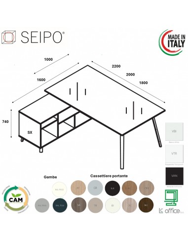 VERTEX scrivania DIREZIONALE in VETRO Seipo P. 1000 con mobile portante - VX.0306 07 VX.0036 SX