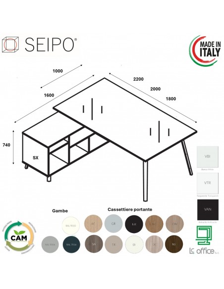 VERTEX scrivania DIREZIONALE in VETRO Seipo P. 1000 con mobile portante - VX.0306 07 VX.0036 SX