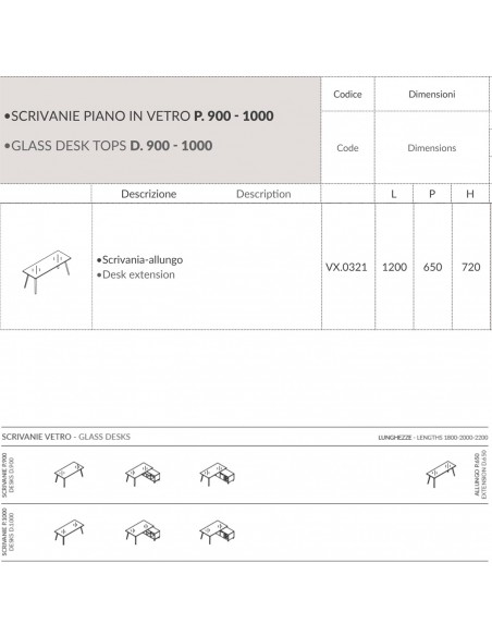 VERTEX scrivania piano in VETRO Seipo P. 650 - VX.0321 SCHEDA