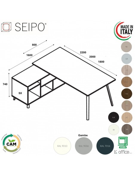 VERTEX scrivania piano in melaminico LINEARE con mobile portante Seipo - VX.0611 12 13 VX.0036 SX