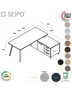 VERTEX scrivania piano in melaminico LINEARE con mobile portante Seipo - VX.0611 12 13 VX.0041 DX