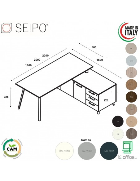 VERTEX scrivania piano in melaminico LINEARE con mobile portante Seipo - VX.0611 12 13 VX.0041 DX