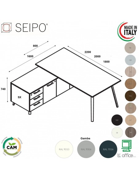 VERTEX scrivania piano in melaminico LINEARE con mobile portante Seipo - VX.0611 12 13 VX.0041 SX