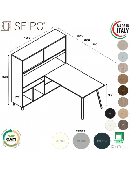 VERTEX scrivania piano in melaminico con mobile alto con ante scorrevoli Seipo - VX.0626 27 28 SX