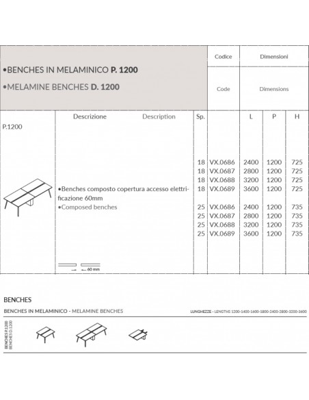 VERTEX scrivania Benches composto copertura accesso elettrificazione 60mm Seipo - VX.0686 87 88 89 scheda