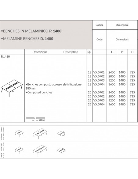 VERTEX scrivania Benches composto copertura accesso elettrificazione 180mm Seipo - VX.0701 02 03 04 scheda