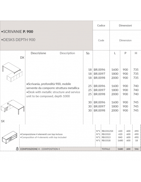 Bridge scrivania direzionale con mobile portante lineare P.900 struttura metallica a ponte Seipo BR.0096 + compo 4