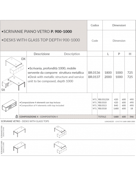 BRIDGE scrivania piano in VETRO con mobile servente melaminico Seipo P. 1000 - BR.0136 37 DX SCHEDA
